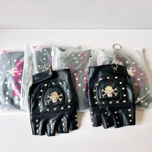 Men fingerless motorcycle gloves with skull, studs and chain. Faux leather black